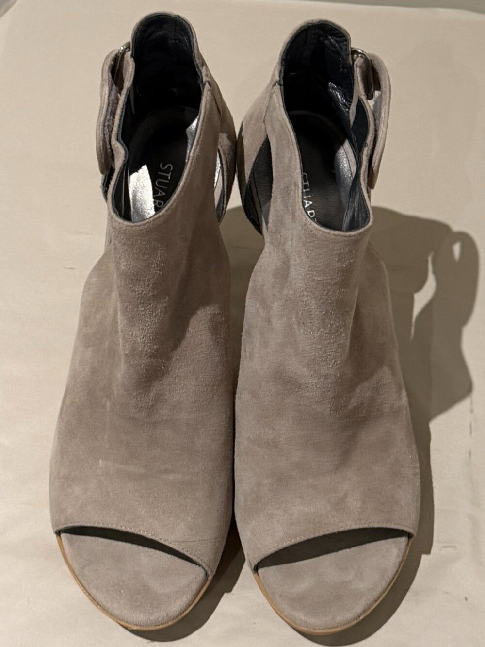 Stuart Weitzman Taupe Suede Cutout Peep-Toe Ankle High Heels - Size 9 - Picture 3 of 9